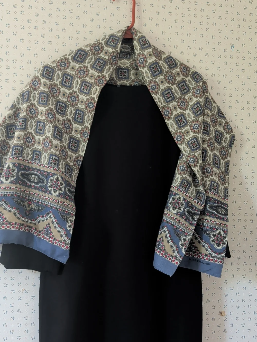 Misty Harbor Scarf Rayon Printed Geometric Border Blue Classic Timeless Vintage
